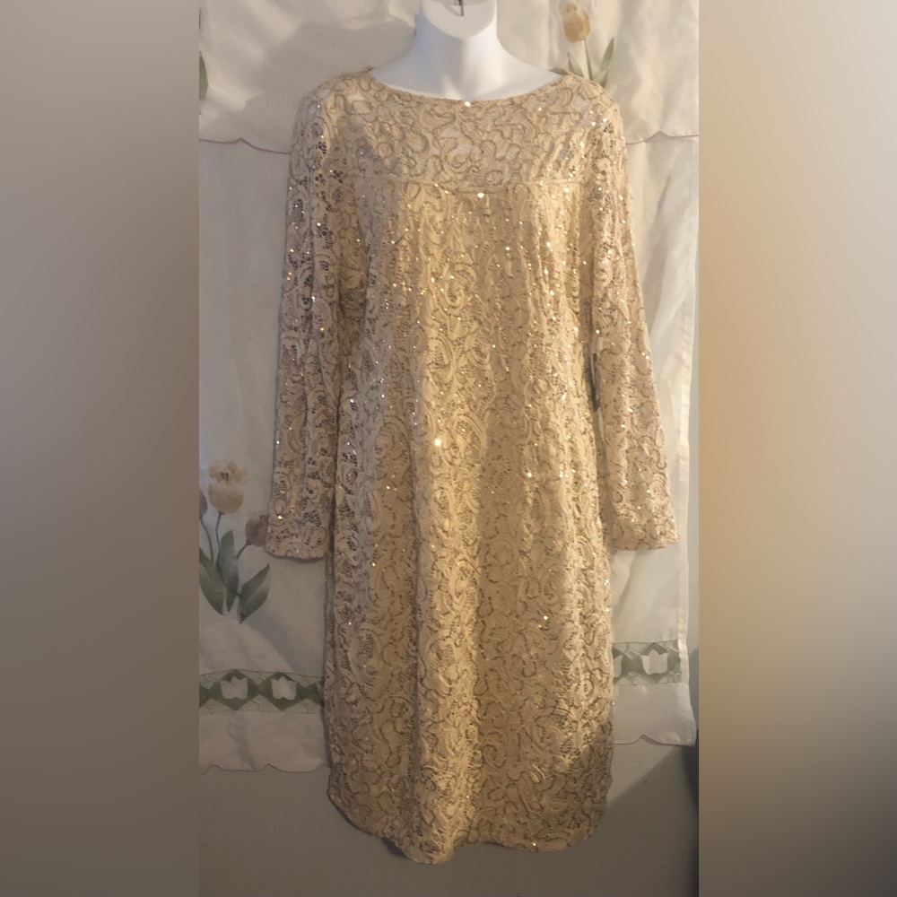 MARINA Cream Long Sleeve Sheath Dress